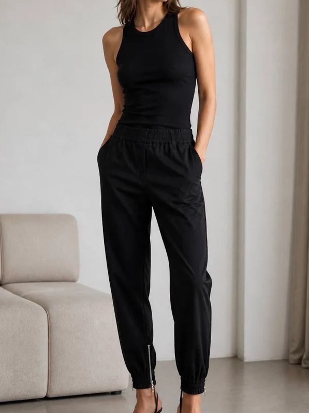 $295 Derek Lam 10 Crosby Black Stretch Cotton Phoenix Zip Hem Jogger Pants US 10